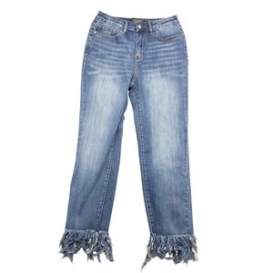 Judy Blue Relaxed Fit Womens Jeans Size 7/28 Cropped Distressed Fringe‎ Hem Blue